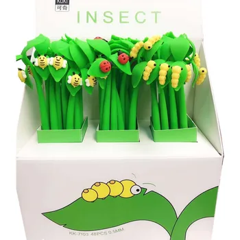 48 adet Karikatür Böcek Yaprakları Çim Tam Silikon Jel Kalem Sevimli Tomurcukları Uğur Böceği Tırtıl Kalem