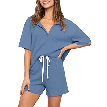 Avrupa ve Amerikan Kadın pijama Spor giyim düz Renk parça Elbise Rahat Kısa kollu Elbise Ev iki Geniş bacak Pantolon Giymek-