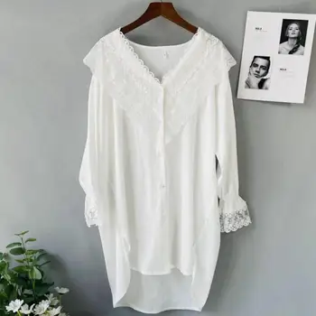 Beyaz V Yaka Gecelik Dantel Patchwork Uyku Gömlek Casual Uyku Elbise Kadın Saten Pijama Uzun Kollu Gecelik Ev Elbise
