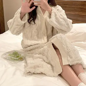Gecelik Kalınlaşmış flanel Elbise Pijama Kış Kadın Kıyafeti Sıcak Mercan Polar Gecelik Bornoz Gevşek V Yaka Ev Giyim