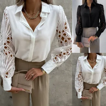 İlkbahar Yaz Kadın Gevşek Üst Moda Kanca Çiçek oyma dantel Patchwork Uzun Kollu Düğme Gömlek Kadın Beyaz İş Bluz