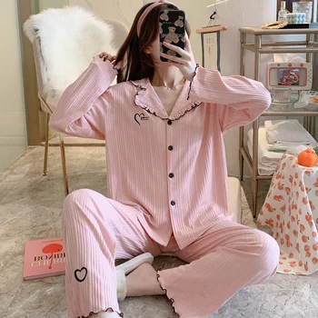 Kadın Pijama İlkbahar Sonbahar Uzun Kollu Hırka Pantolon Tatlı Ev Giysileri İki parçalı Takım Elbise Yaka Düz Renk Basit Öğrenci