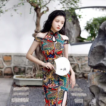 Kadın Seksi Kapalı Omuz Qipao Baskılı Çince Geleneksel Cheongsam Elbise Kadınlar Vintage İnce Akşam Parti Kıyafeti Vestidos