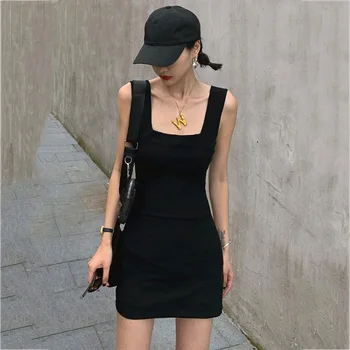 Kadın Siyah Esneklik Mini Elbise Yeni Gelenler Kare Yaka Kolsuz Gevşek Fit Moda Gelgit Yaz 2021 Z363