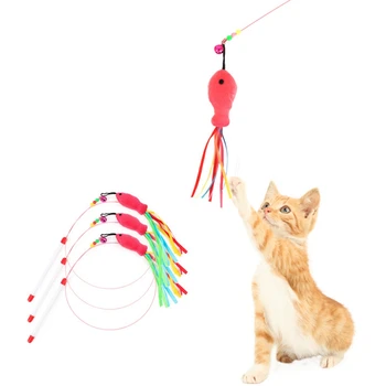 Kedi Oyuncak Pet Kedi Balıkçılık Değnek İnteraktif Çelik Tel Yavru Olta Oyuncak Yavru Teaser Oyuncaklar Kediler için Rastgele renk