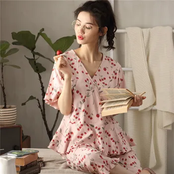 Kore Tatlı Pijama Kadınlar İçin Yeni Baskı Tam Pamuk Pijama Kadın Ev Giysileri Karikatür Sevimli Yaz Öğrenci Pijama Seti