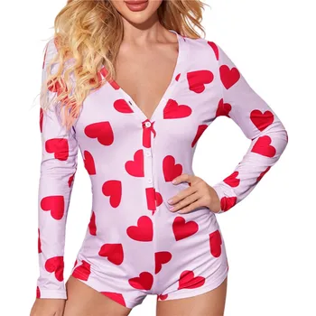 Sevgililer Günü kadın Uzun Kollu Kısa Tulum Rahat Kalpler Baskılı V Yaka Bodysuit Slim-Fit Ev Salonu Tulum Pijama